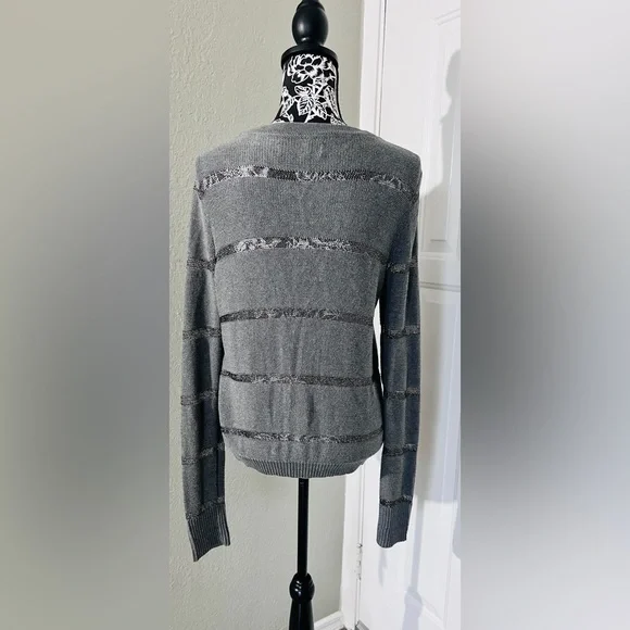 LOFT Sweater sheer silver metallic stripe V neck Size L NWOT - Picture 4 of 8